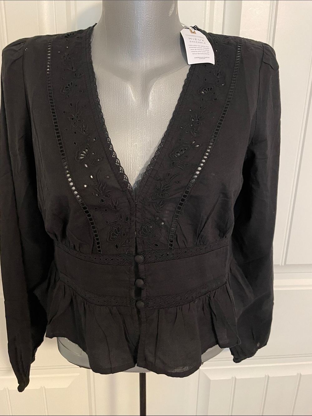 American Eagle Outfitters Black Embroidered V-Neck Peplum Blouse
